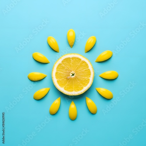 Refreshing citrus art a lemon slice forms the sun with yellow candy rays on a vivid blue background