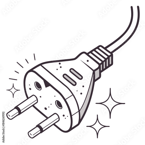 Dirty electrical plug with one side shining clean white background