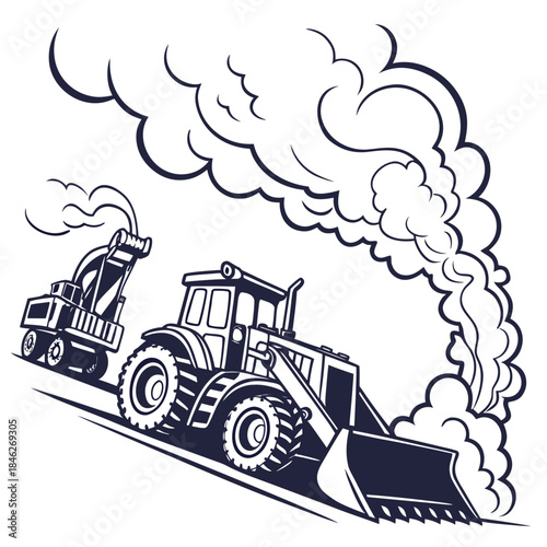 Heavy machinery running under smoky atmosphere with tractor and trailer