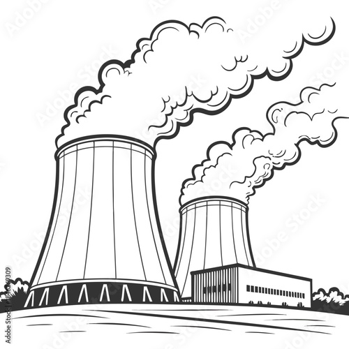 Giant cooling towers releasing thick steam industrial