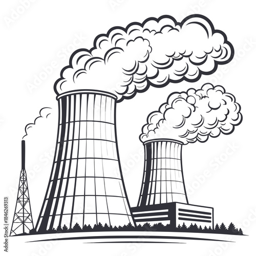 Giant cooling towers releasing thick steam white background