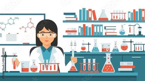 Female scientist conducting chemical experiments in a well-equipped laboratory with safety glasses