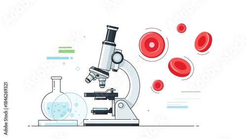 scientific laboratory setup with a microscope and floating blood cells illustrating microscopic