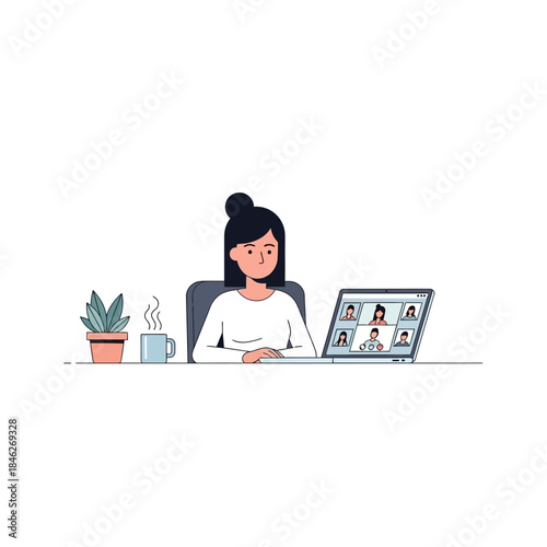 Woman Working Remotely on Laptop During Video Conference in a Home Office Environment