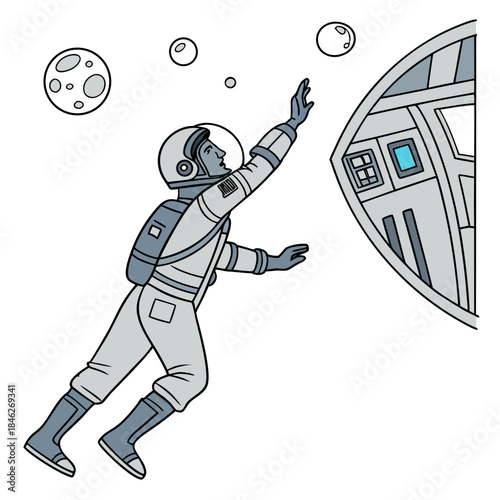 Astronaut reaching for floating water bubble near spacecraft control panel