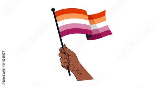 A hand holding a flag with orange, white, and pink stripes, representing the lesbian community.