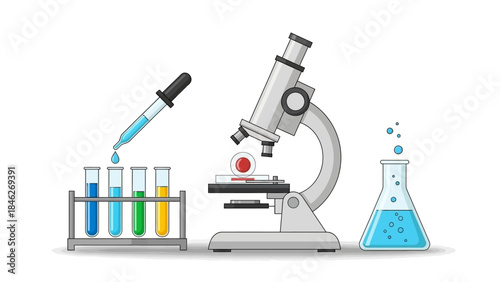 laboratory equipment including test tubes pipette microscope and flask for scientific research