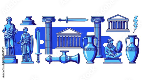 A collection of blue illustrations depicting ancient Greek architecture and artifacts.