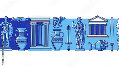 Blue and white illustration of Greek artifacts and architecture.