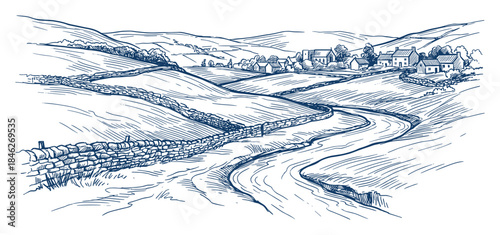 Rural Landscape Sketch Illustration with Fields, Stone Walls, and Distant Village, Ink Drawing Style