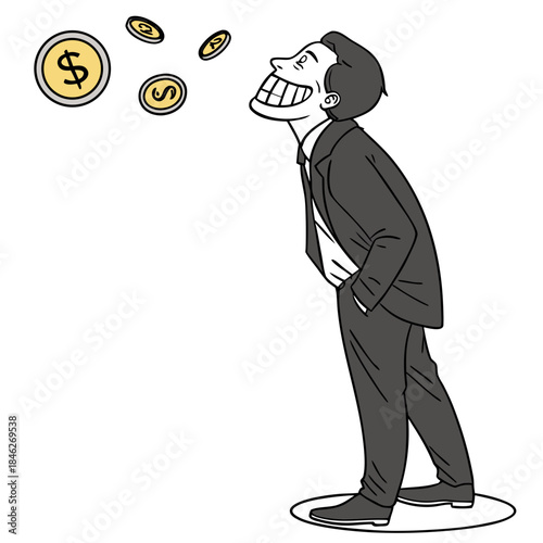 Businessman with coins for teeth smiling suit black and white
