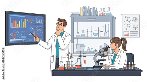 Research scientists conducting experiments in a modern laboratory with advanced equipment and data