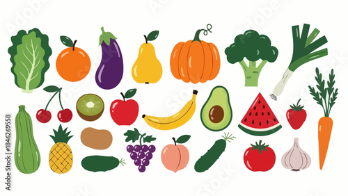 A vibrant and colorful assortment of fresh fruits and vegetables arranged in a playful pattern against a white background.