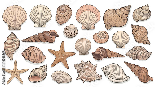 Collection of diverse seashells and starfish, illustration.