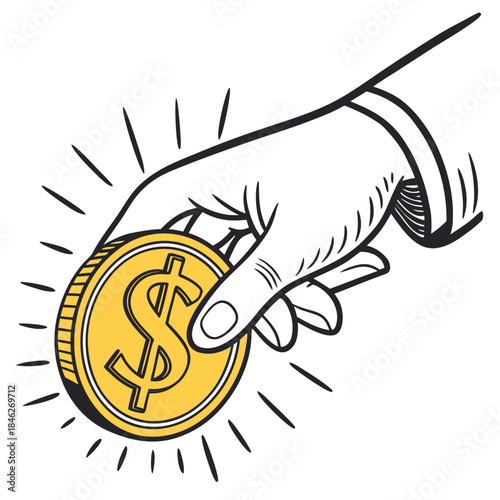 Hand clutching golden dollar coin tightly golden coin