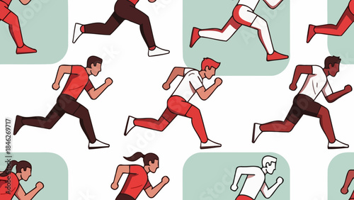 A diverse group of people running in a stylized, repeating pattern with a mint green background.
