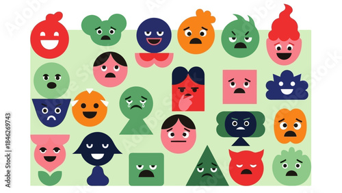 Illustration of various cartoon faces expressing different emotions on a light green background.