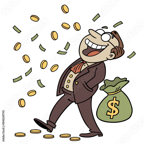 Cartoon businessman smiling with coins falling from money bag