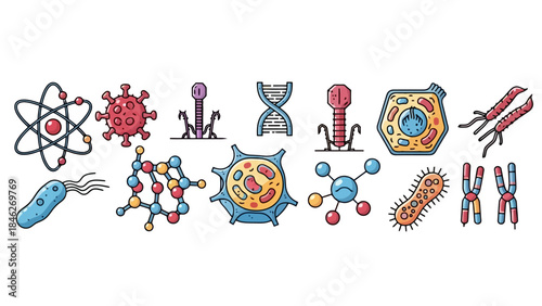 A collection of colorful cartoon icons representing various scientific concepts and biological entities.