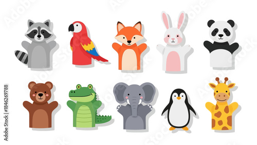 Collection of animal hand puppets including a raccoon, parrot, fox, rabbit, panda, bear, crocodile, elephant, penguin, and giraffe.