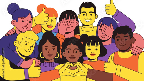 A diverse group of smiling people of various ethnicities and genders, posing together for a photo with some covering their eyes and others giving thumbs up.