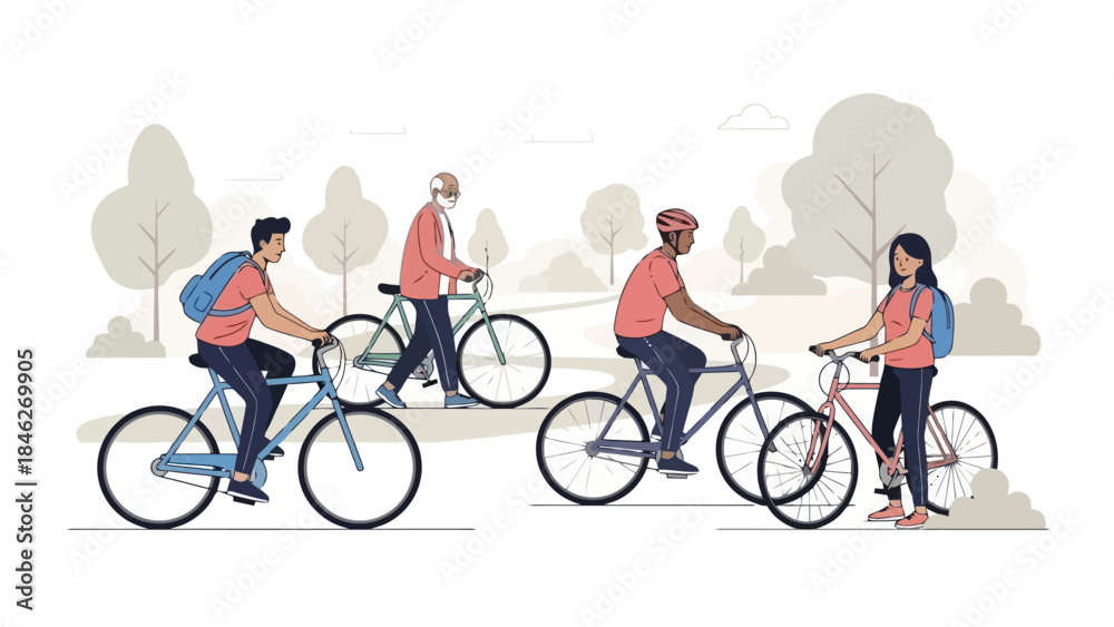 Obraz premium People riding bicycles in a park, enjoying outdoor recreation and healthy lifestyle.