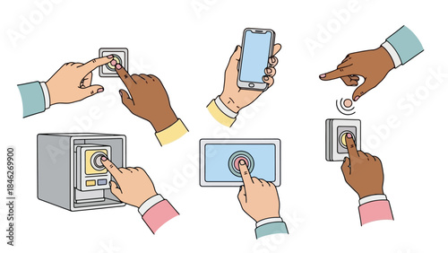 Various methods of interacting with touchscreens and buttons with hands.