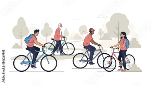 People riding bicycles in a park, enjoying outdoor recreation and healthy lifestyle.