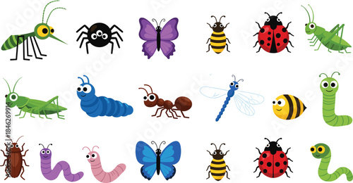 Large and colorful vector collection of cute cartoon insects, bugs, and creepy crawlies, including a mosquito, spider, butterfly, bee, ladybug, grasshopper, dragonfly, ant, and caterpillars.