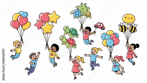 Children floating in the air, holding colorful balloons of various shapes and sizes, joyful and playful.
