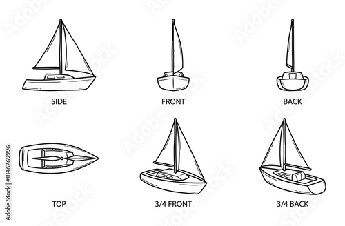 Sailboat Views Line Art Illustration, Side Front Back Top 3/4 Front and Back Views, Isolated Design