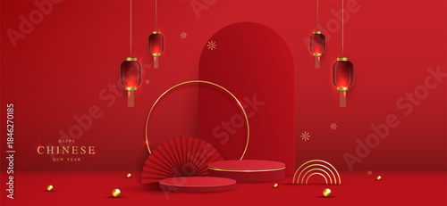 Podium stage chinese style for chinese new year and festivals or mid autumn festival with red background. mock up stage with festive lanterns and clouds. vector design.