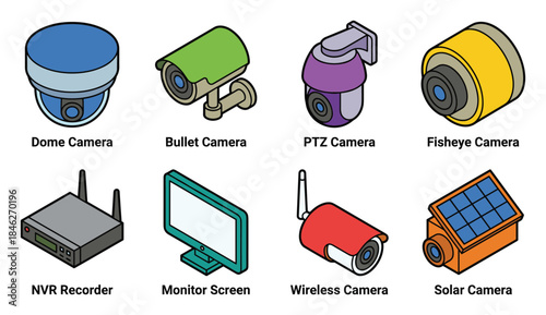 Security Camera System Icons Set with Dome, Bullet, PTZ, Fisheye, Recorder, Monitor, Wireless and Solar Camera