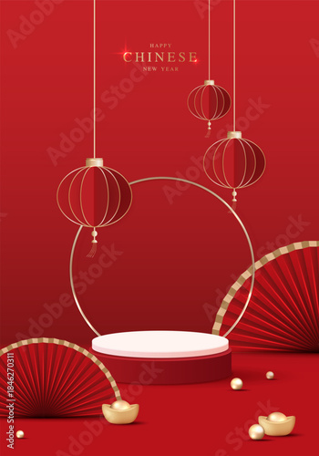 Podium stage chinese style for chinese new year and festivals or mid autumn festival with red background. mock up stage with festive lanterns and clouds. vector design.