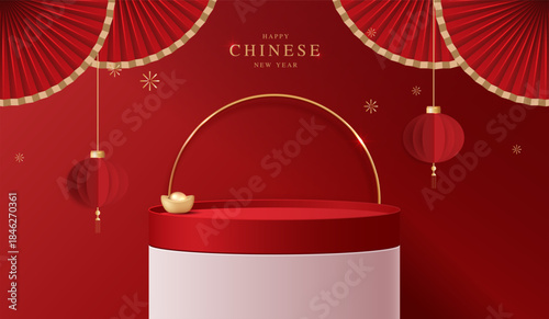 Podium stage chinese style for chinese new year and festivals or mid autumn festival with red background. mock up stage with festive lanterns and clouds. vector design.