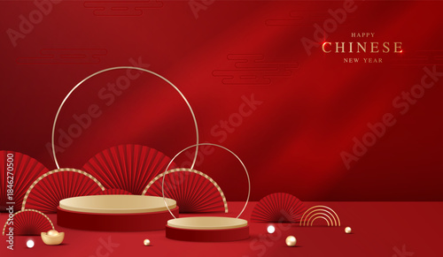 Podium stage chinese style for chinese new year and festivals or mid autumn festival with red background. mock up stage with festive lanterns and clouds. vector design.