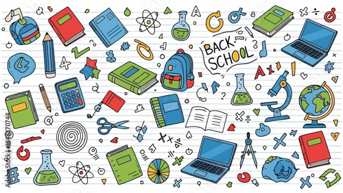 Back to School Theme: Colorful Doodle Illustrations of School Supplies on Lined Paper