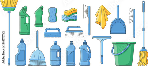 Large vector collection of essential cleaning tools and supplies, including mop, broom, sponges, brushes, detergent bottles, squeegee, dustpan, and bucket for hygiene and house chores.
