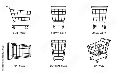 Shopping Cart Views: Side, Front, Back, Top, Bottom, 3/4 Perspectives in Detailed Line Art