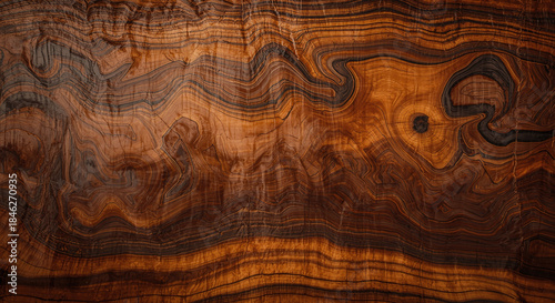 Abstract swirling wood grain texture background with warm brown and black lines, high-resolution natural wooden pattern for interior design, flooring, and decorative backdrop