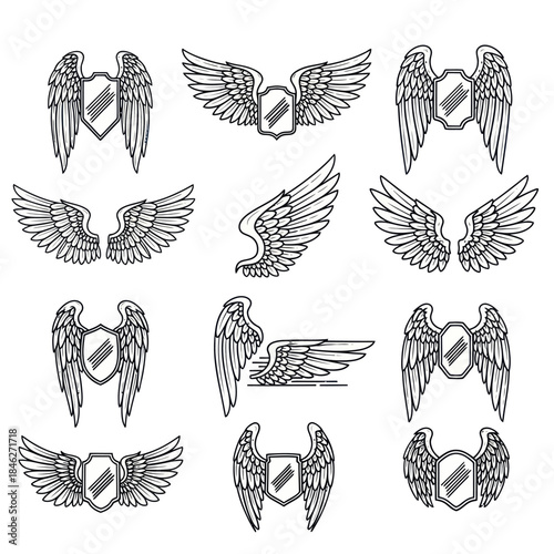 Collection of Winged Shields Heraldic Emblems and Symbolic Designs.