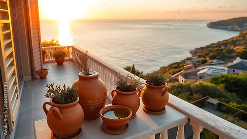 darning. Mediterranean villa balcony with terracotta pots and olive oil at sunset, coastal view in warm light. inspiring travel planning.