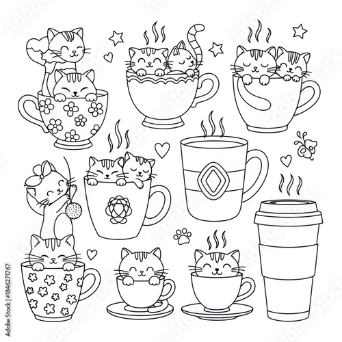 Adorable Cats in Cups A Whimsical Coloring Page.