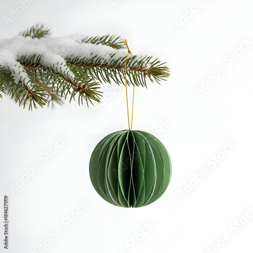 christmas  papaer ornament  hanging with snow and tree branch on a white background