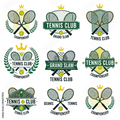 Collection of tennis club logos with rackets crowns and laurel wreaths.