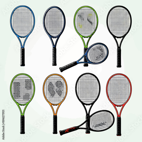 Collection of Tennis Rackets in Various Colors and Styles.