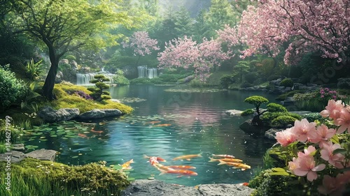 A serene Japanese garden scene with a pond, koi fish, waterfalls, and cherry blossoms