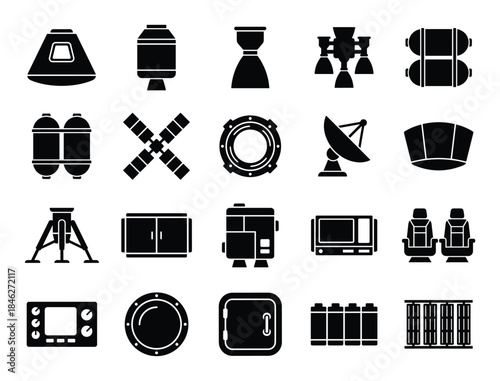 Spacecraft Components Silhouette Set Space Shuttle Elements Collection Black and White isolated on white background