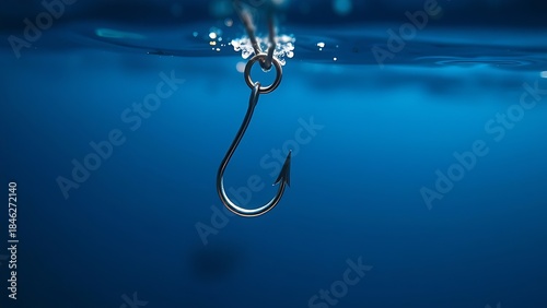 limnetic. Close-up of a metallic fish hook submerged in clear blue water. wildlife magazines, conservation campaigns, designed for eco-tourism storytelling, celebrates biodiversity.