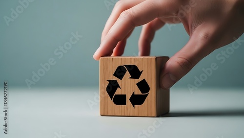 Hand placing wooden block with recycling symbol on top of another block